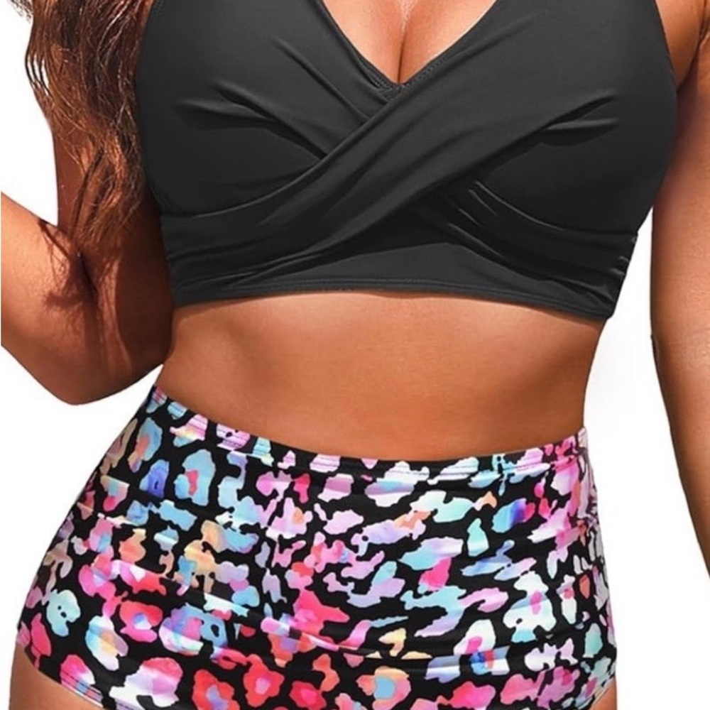 Black Bikini Top with Colorful High-Waisted Bottoms